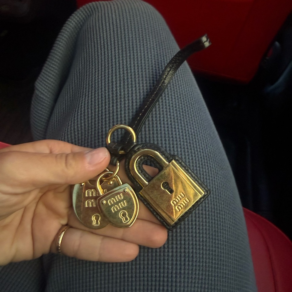 Miu Miu Gold Padlock and Heart Tag Key Charm with Black Strap